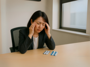 薬物乱用性頭痛に悩む30代日本人女性と机上の頭痛薬