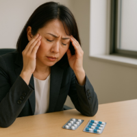 薬物乱用性頭痛に悩む30代日本人女性と机上の頭痛薬
