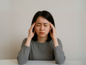 片頭痛による頭の痛みに耐える若い女性