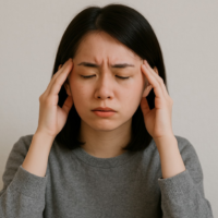 片頭痛による頭の痛みに耐える若い女性